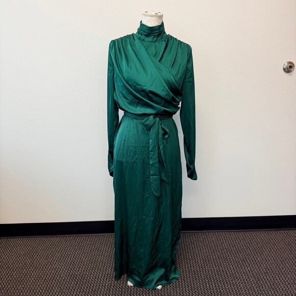 Alexa Admor Emerald Green Long Dress Rouched Sleeve High Neck Draped Satin Sz 8 - Picture 1 of 14